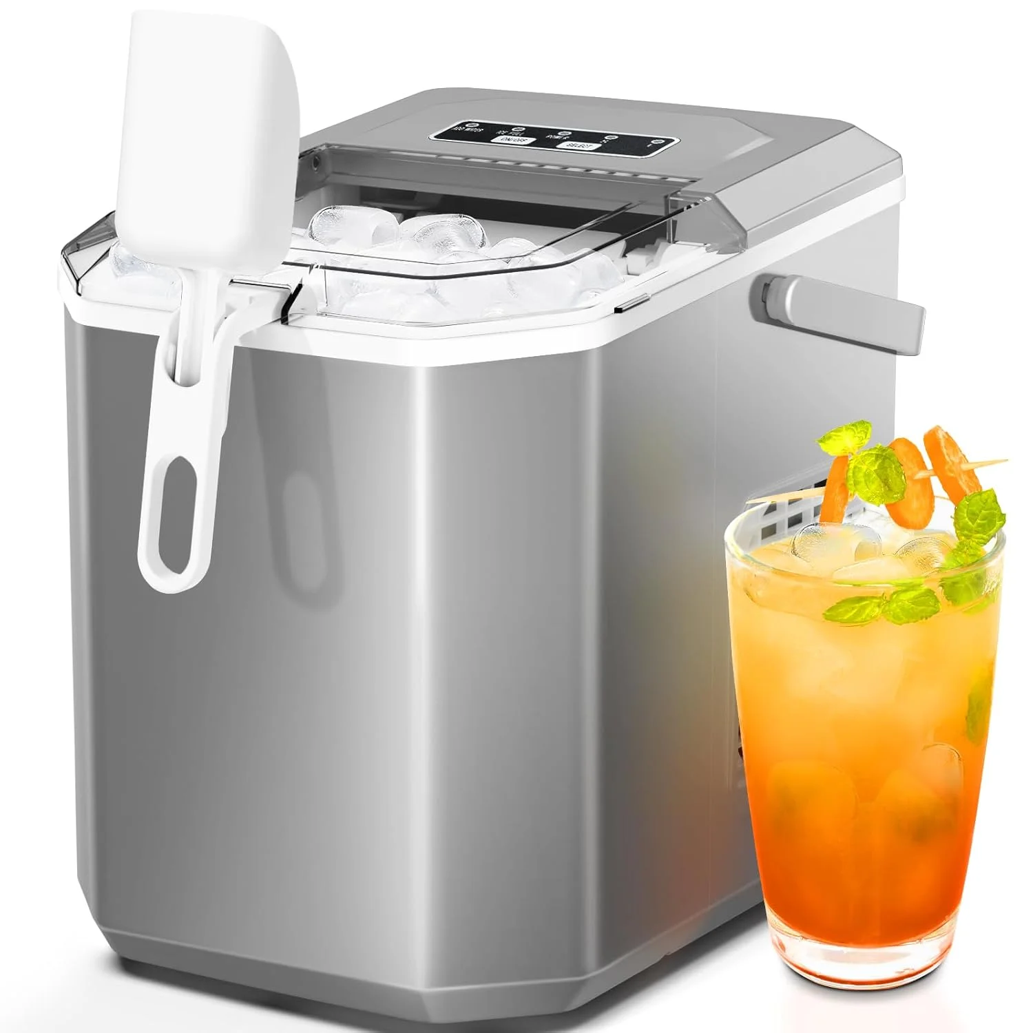 103296C9-068A-9FB2-F24E-7B89E790CE55 Countertop Ice Maker,Portable Ice Machine with Carry Handle,Self-Cleaning,Basket and Scoop,9 Cubes in 6 Mins,26.5lbs/24Hrs,2 Sizes of Bullet Ice,for Home,Kitchen,Party,Grey - Image 1